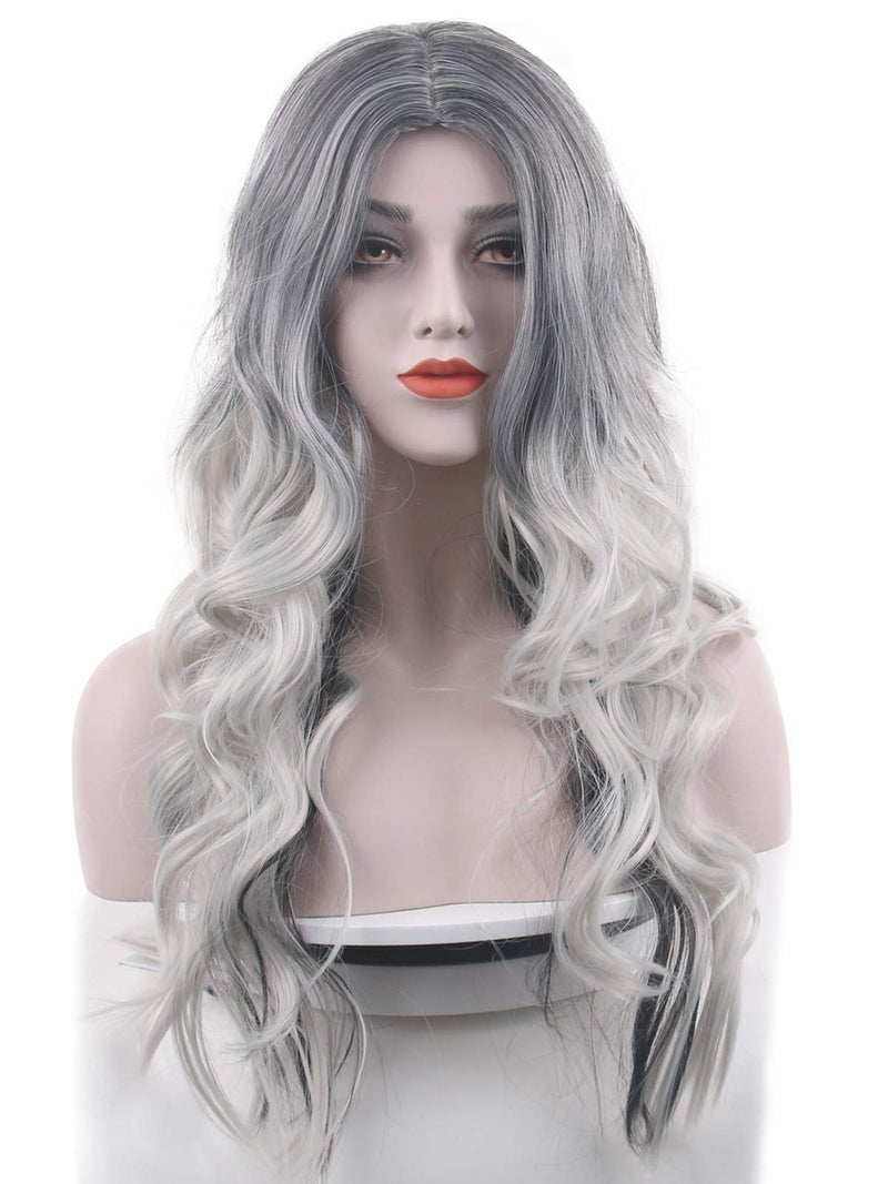 Besuante Beautyself Silver Grey Costume Wigs for Women Halloween Curly Long Wavy Fashion Cosplay Ombre Black Mix Gray Hair Wigs with Wig Cap - Image 1